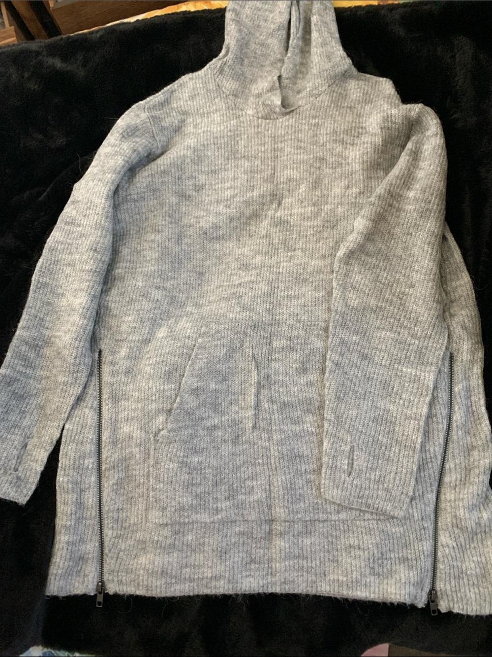 Gray Hooded Knit Sweater dress with Side Zippers